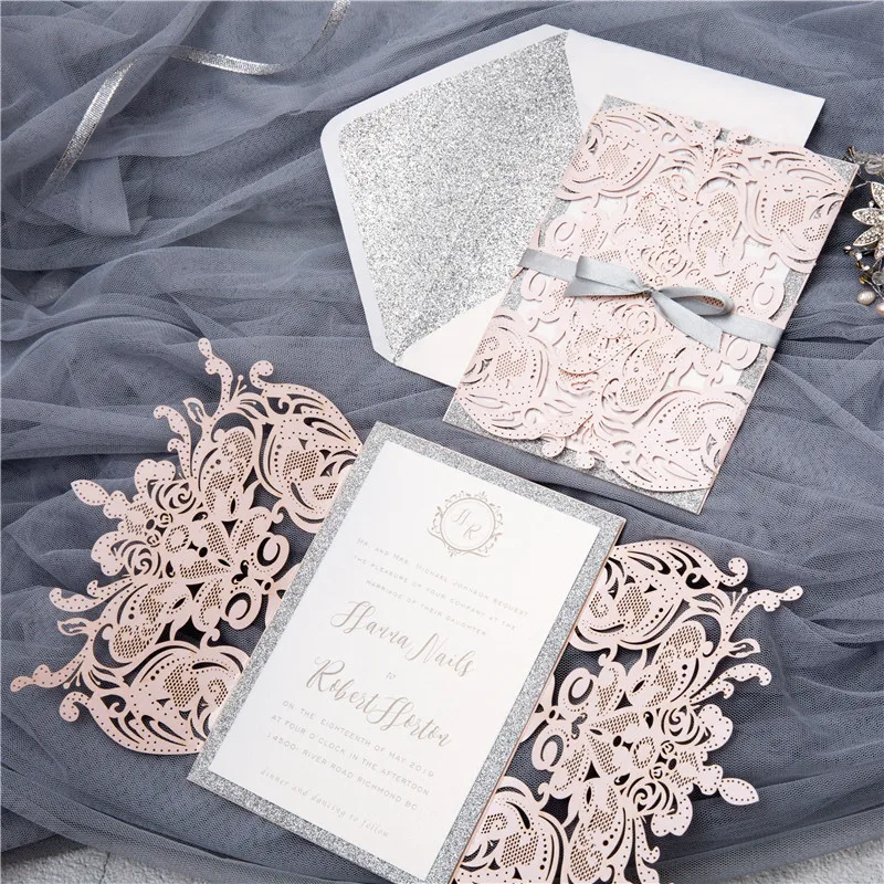(100 pieces/lot) Customize Print High-end White Wedding Invite Card Laser Floral Glitter 15 Years Old Birthday Invitations IC120