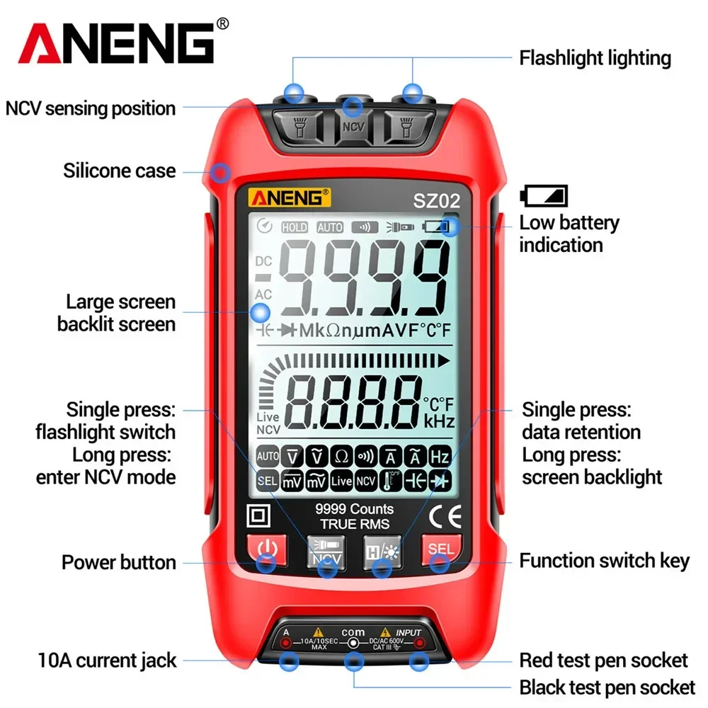 ANENG SZ02 Smart Digital Multimeter 9999 Counts True RMS Auto Electrical Capacitance Meter Temp Resistance Transistor Testers digital multimeter multimeter tester