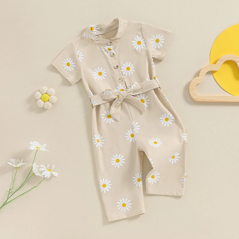 

Suefunskry Kids Baby Girls Summer Jumpsuit Daisy Print Front Button Short Sleeve Romper Pants with Belt for Toddler Cute Clothes