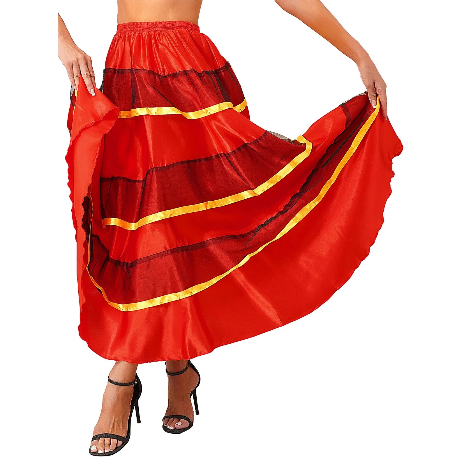 Womens Gypsy Flamenco Dance Skirt Tiered Ruffles Wide Hemline Ballroom Belly Spanish Dancing Carnival Costume