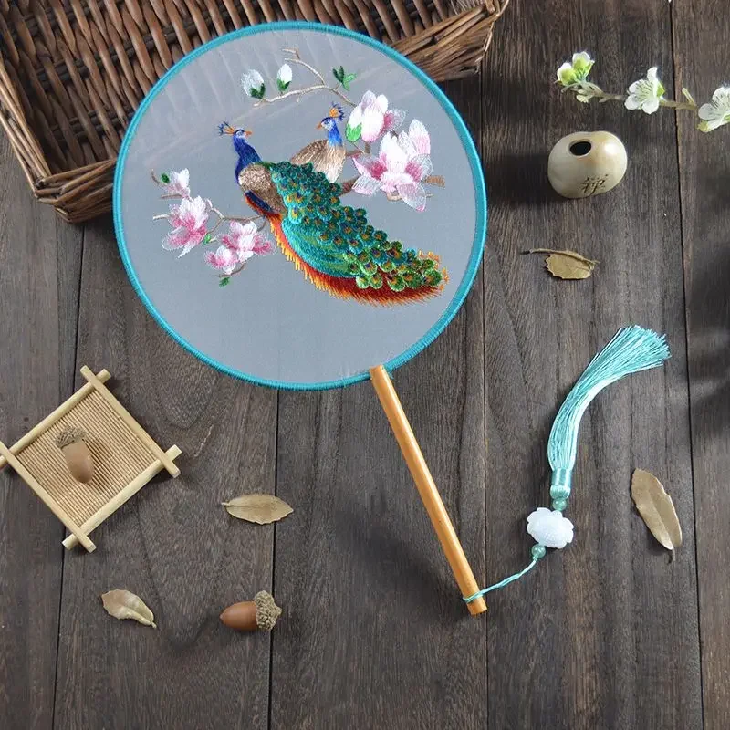 Double Sided Embroidered Dance Fan, Creative Chinese Style, Home Decoration Technology, Versatile Circular, Special-Shaped, 1Pc