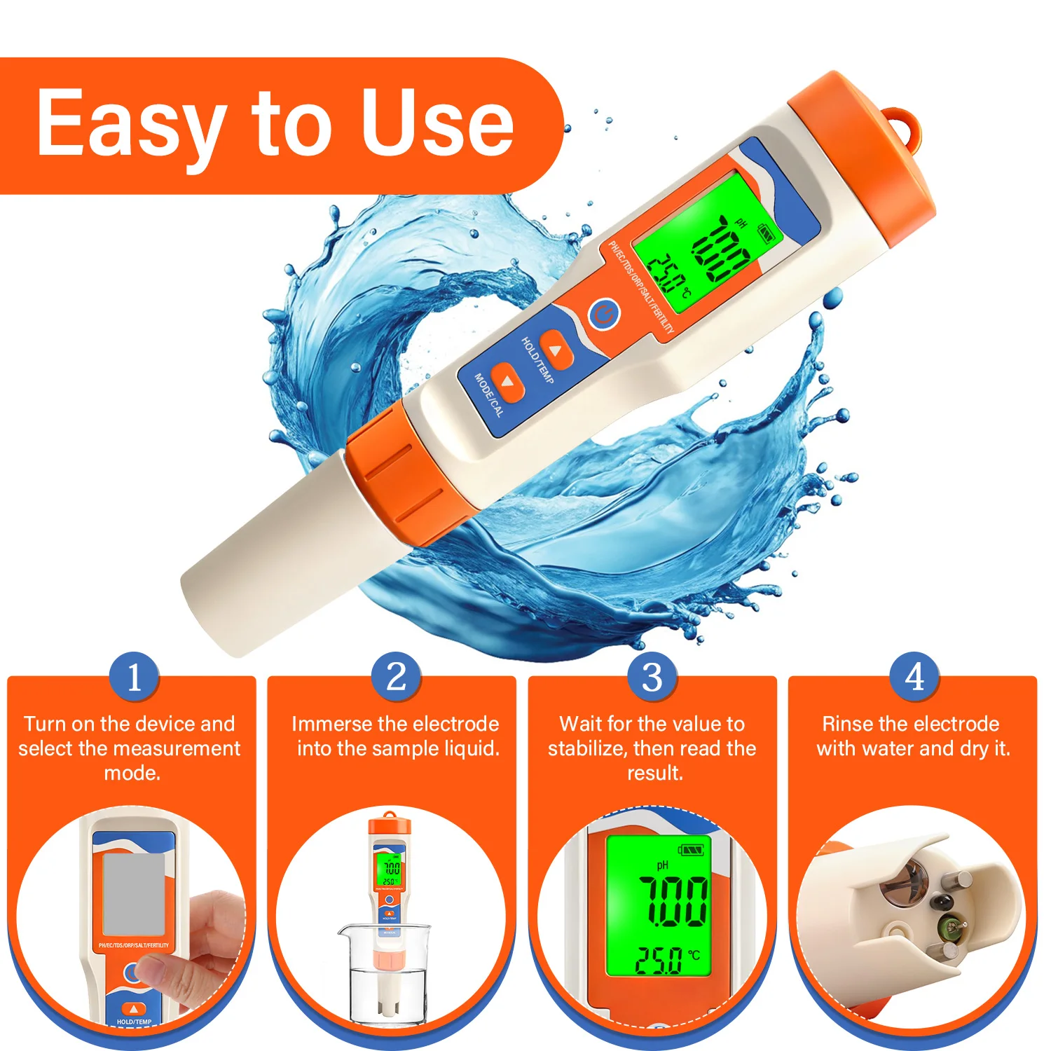 7-in-1 Pool Water Tester Digital Water Quality Meter for Swimming Pool SPA pH/OR