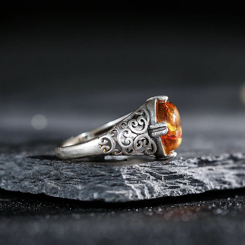 Vintage S925 Silver Wide Ring Natural Resin Amber Women's
