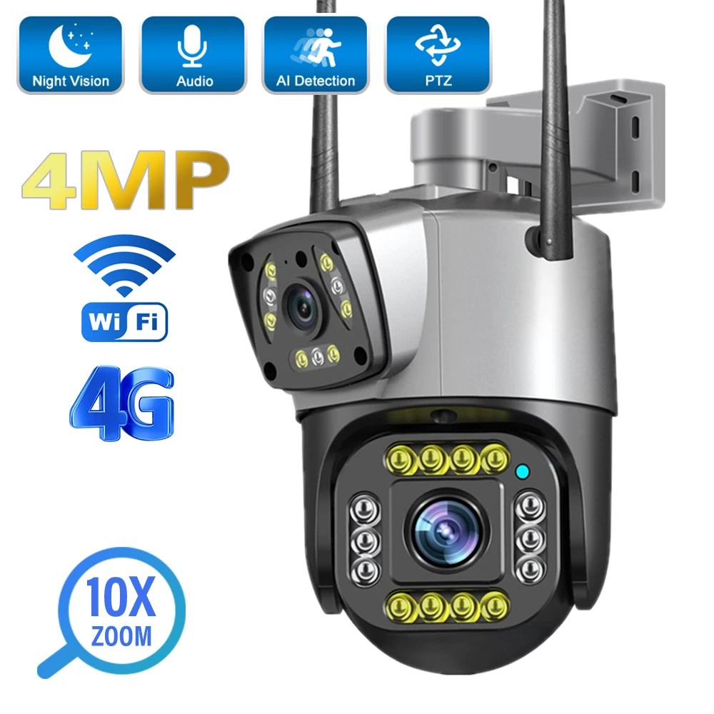 

4MP Wifi 4G PTZ Camera HD Dual Lens 10X Zoom Outdoor Security IP Camera AI Human Detect Night Vision Surveillance CCTV Cameras