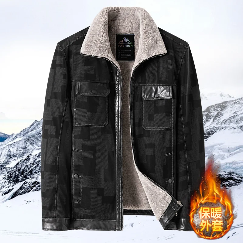 

Suepr Winter New Large Arrival Fashion Young Men's Lapel Printed PU Plush Leather Jacket Men Wallet Plus Size L-4XL5XL6XL7XL8XL