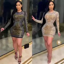 

2021 Fall/Winter Fashion New Sexy Nightclub Hot Rhinestone Color Rhinestone Long Sleeve Dress