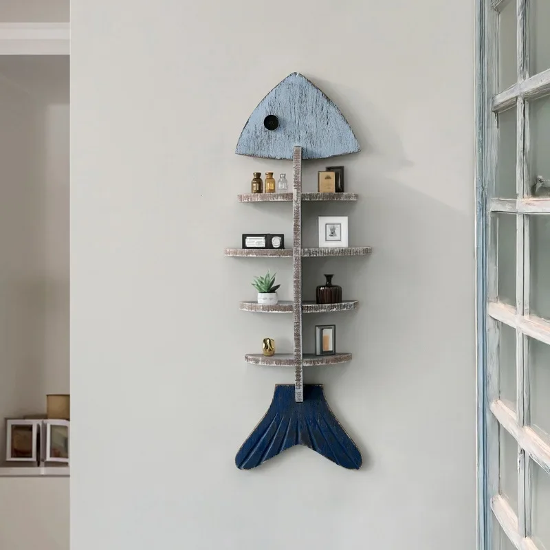 Nordic Style Wall Wooden Fish Row Shelf Cafe Living Room