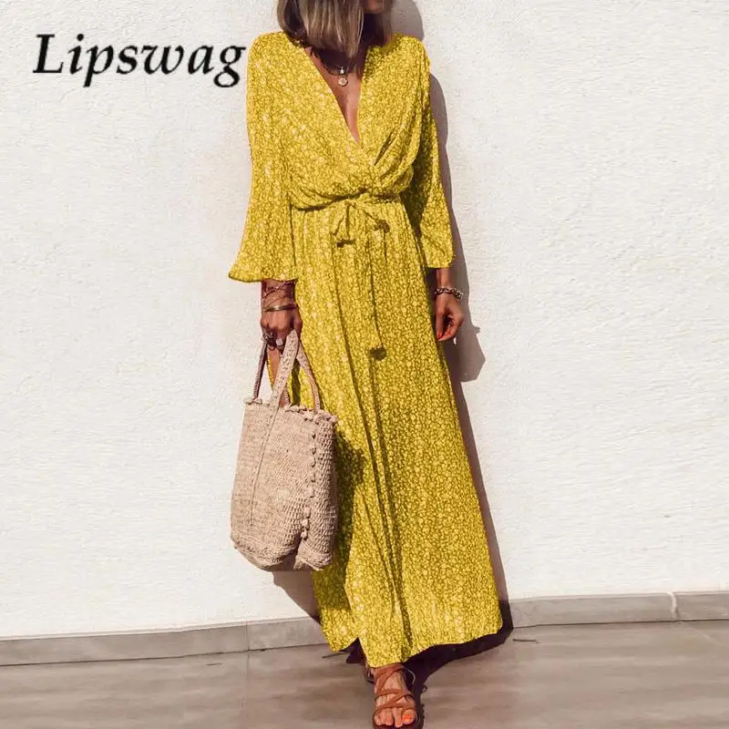 

Elegant Long Sleeve Loose Lace-Up Dress Women Retro Floral Pattern Deep V-Neck Dress Autumn Casual Skeleton Beach Dress Vestidos