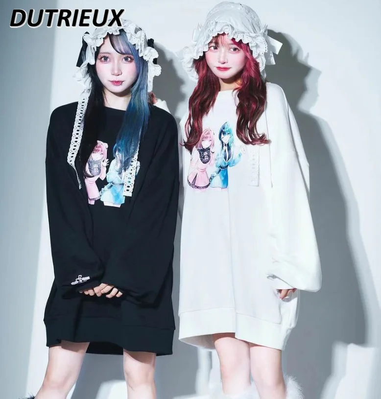 

Sweet Japanese Mine Cartoon Printed Crew Neck Sweatshirt Spring Autumn Pullover Long Sleeve Loose Mid-Length Hoodies Dress