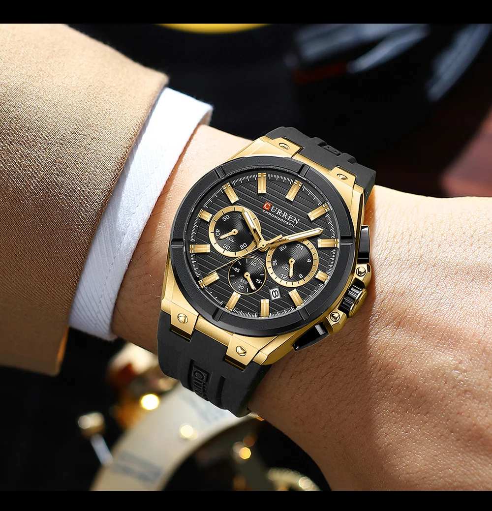 CURREN Moder Design 43mm Watch for Men with 3 Sub-Dials Quartz Movement Casaul Silicone Strap Wristwatch Luminous Hands and Date