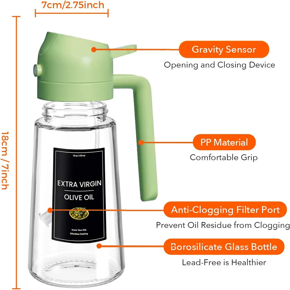 Pulverizador de óleo para cozinhar, garrafa dispensadora de azeite 2 em 1 para cozinha com adesivos, vidro premium de 16 onças/470 ml, senhor de óleo de qualidade alimentar 2