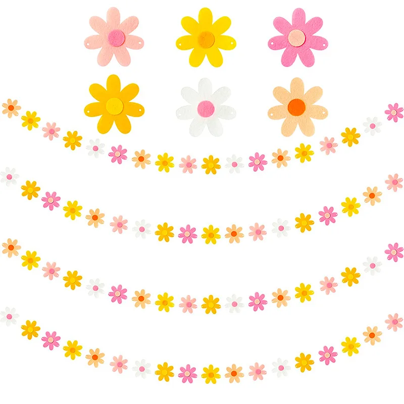 핑크 화이트 오렌지 옐로우 데이지 화환 소녀 생일 파티 장식, 펠트 꽃 덩굴 배너 걸이식 벽 캔디 바 장식