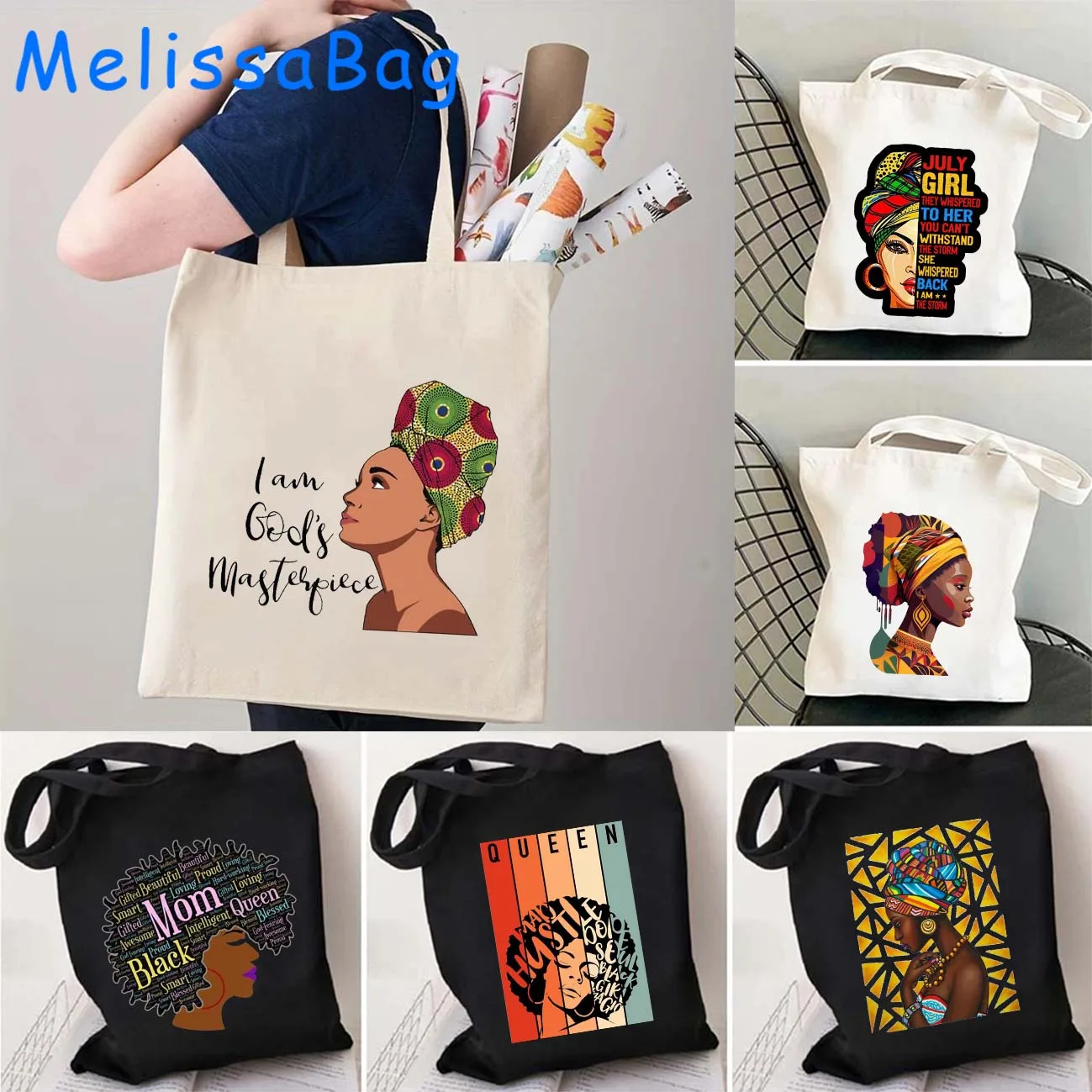 

Gorgeous African Women Cute Gifts Black Girl Canvas Shoulder Totes Bags Melanin Poppin Natural Hair Afro Shopper Cotton Handbags