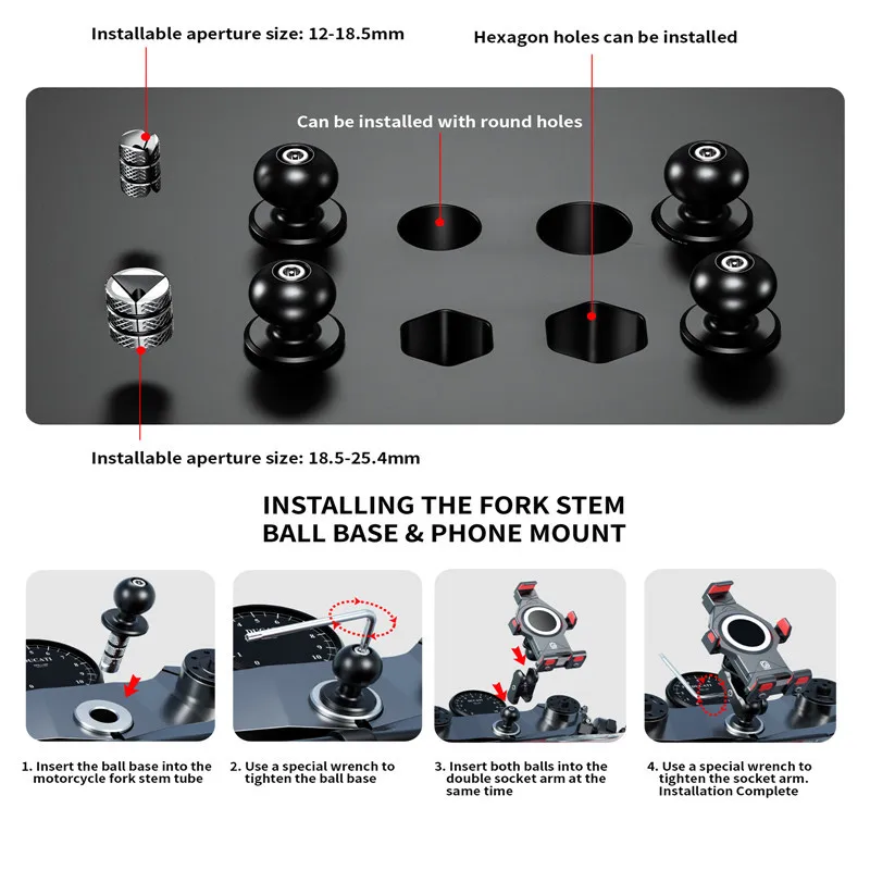 LOKTENWO CNC Aluminum Alloy 1'' Ball Base Mount On Motorcycle Front Fork Stem, Compatible With RAM Mounts B Size 1 Inch Ball Double Socket Arm