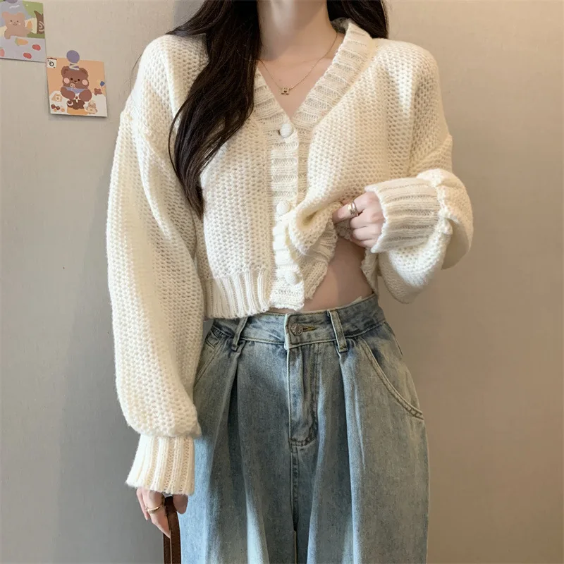 

TRAF Short Knitted Cardigan Sweet Korean V Neck Lantern Sleeve Sweaters for Women Fall Wild Simple Cropped Pink Cardigan Coat