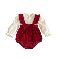 Autumn Velvet Infant Baby Romper Christmas Burgundy Bow Ruffle Outfit Snap Button Vintage Royal Bodysuit 0-24M Christmas Gift