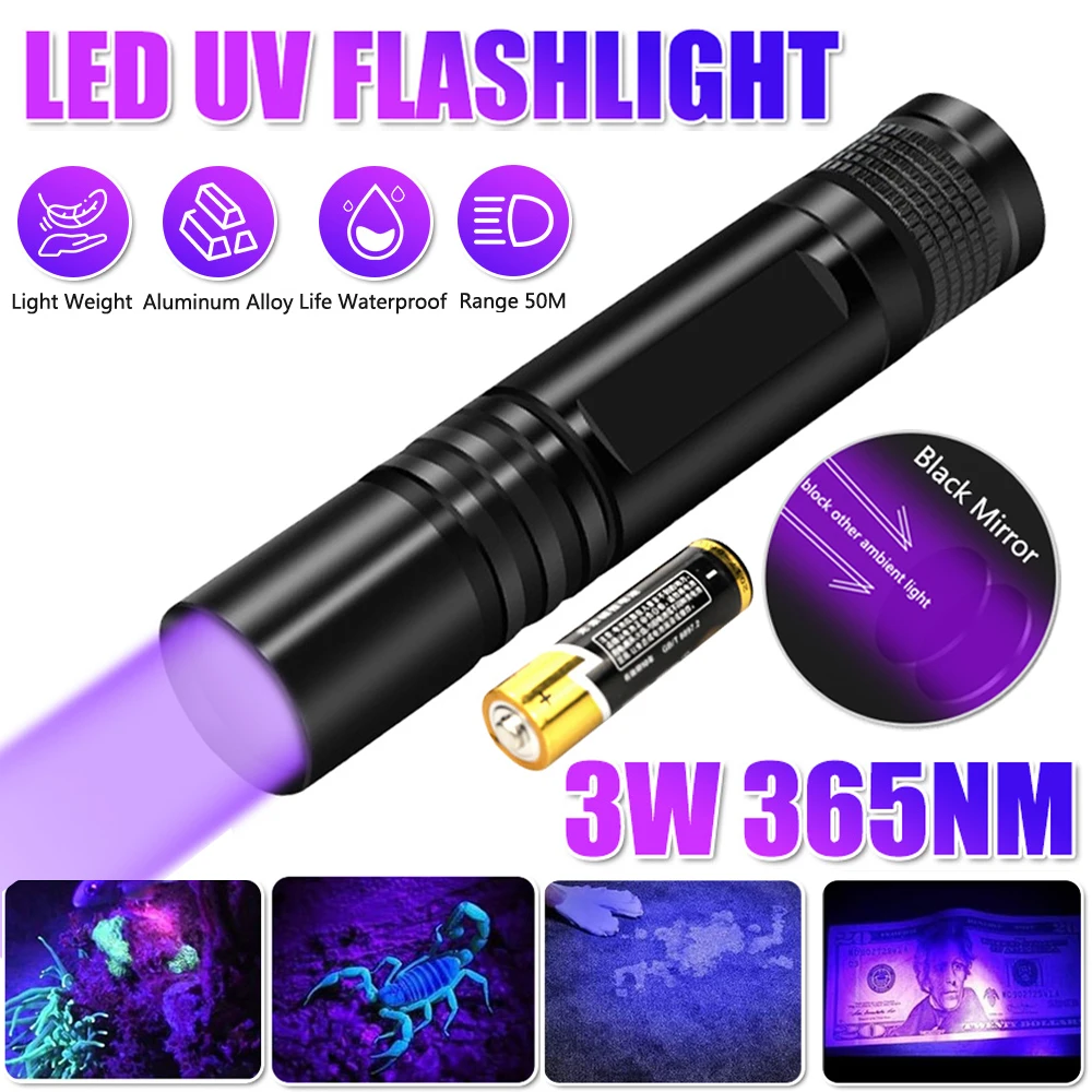 

365nm LED UV Flashlight Ultraviolet Inspection Violet Light Torch Pet Urine Stain Detector Tools Power by AA Battery