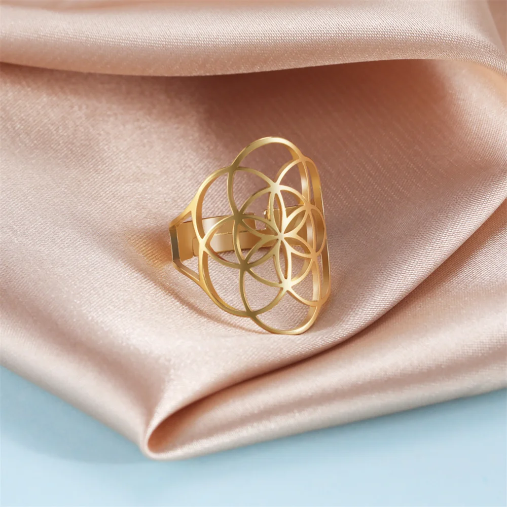 Flower Of Life Ring Adjustable Stainless Steel Sacred Geometry_voghion.com