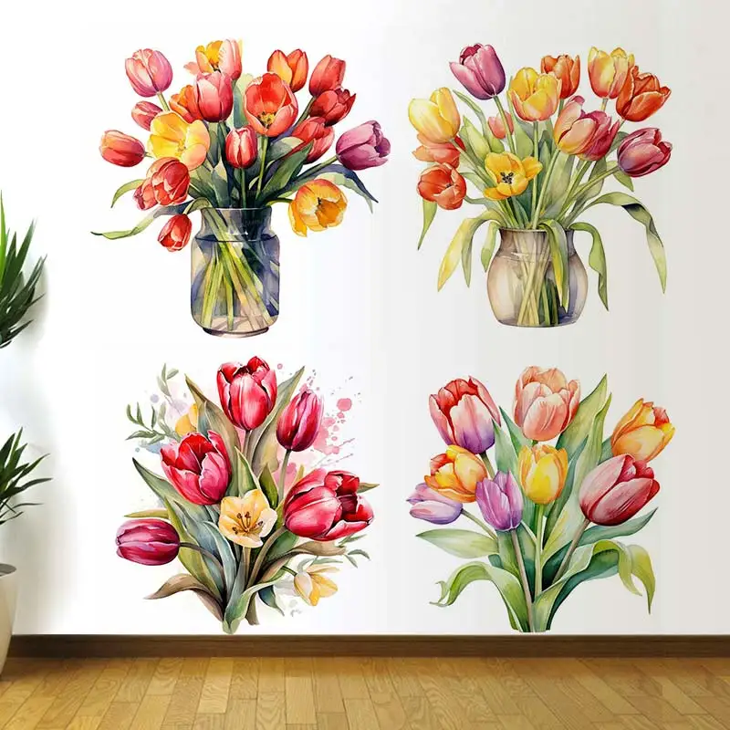 Watercolor Tulips Wall Sticker Bathroom Toilet Decor Decals Living Room Cabinet Home Decoration Self Adhesive Stickers M936