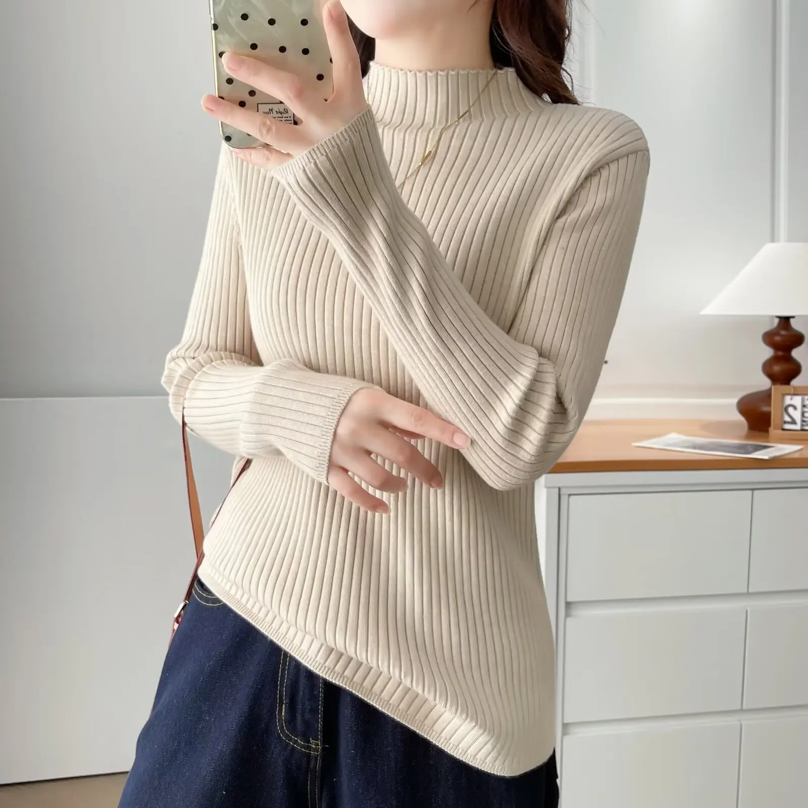 Fashion Plus Size Woman Clothing Sweaters 2025 Autumn Winter Simple Basic Style Solid Color Mock Neck Thickened Knitted Jerseys