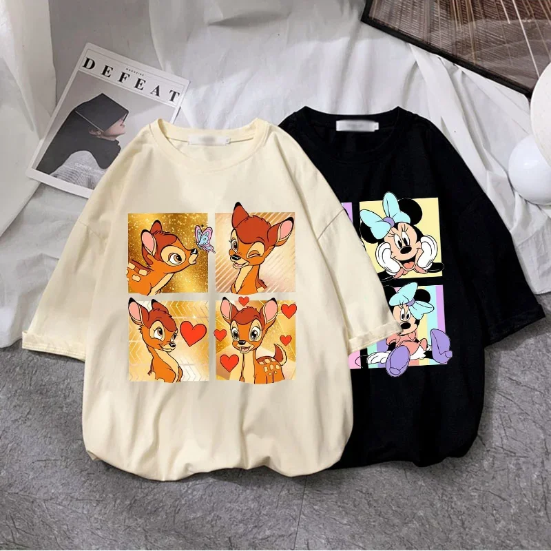 T-Shirt Donna Disney Streetwear Ulzzang Harajuku Fuln Bambi Print T Shirt 2024 Estate Nuovo Oversize Abbigliamento Casual Allentato Top Y2K
