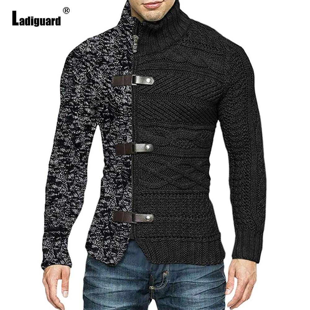 

Ladiguard Men Knitted Sweaters Winter Warm Jumper Mens Knitwear 2024 Buckles Up Top Cardigans Homme Patchwork Zipper Sweater