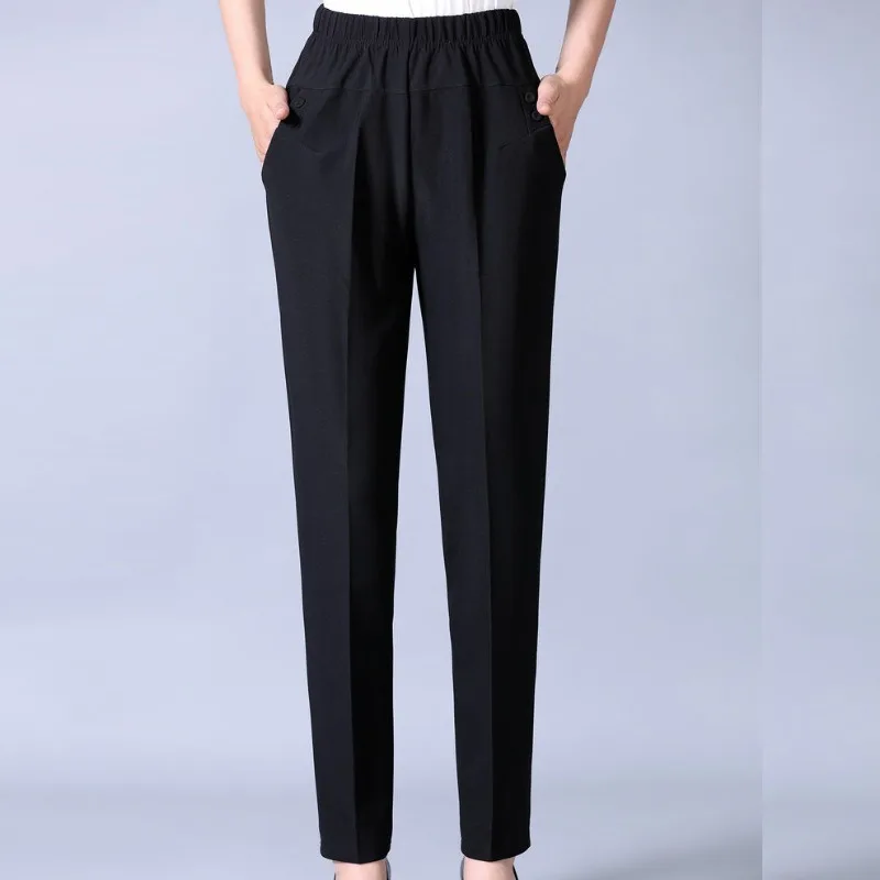 2023 Autumn and Winter Women's High Waist Elastic Button Pockets Striped Slim Fashion Casual Elegant Commuter Straight Leg Pants