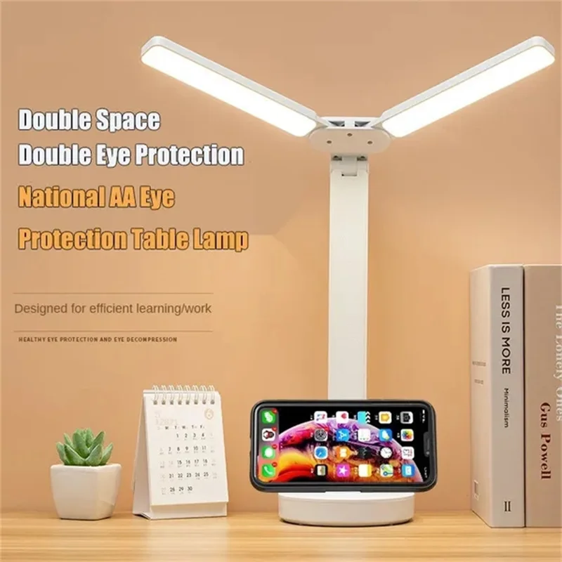 Foldable LED Double-head Desk Lamp with A Holder USB Rechargeable Table Lamp  Adjustable Brightness Eye Protection Lights - AliExpress