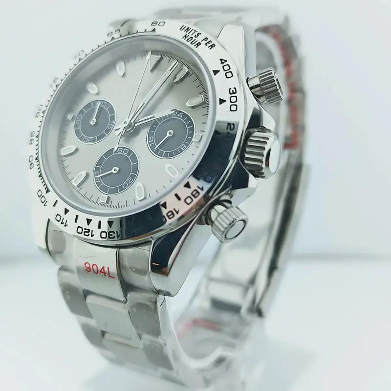 

39mm Silver Watch Stainless steel case Sapphire glass suitable for VK63 quartz automatic movement chronograph sports watch