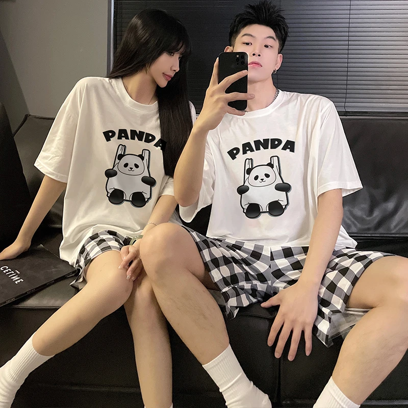 

Летние Пижамные комплекты для женщин и мужчин, пижамный комплект с принтом Милая панда, пижама, Женская домашняя одежда с коротким рукавом, ночная рубашка