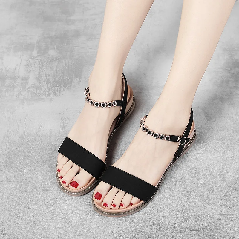 

Summer Flat Sandals Rhinestone Mother Shoes Leather Comfortable Wedge Women Sandals