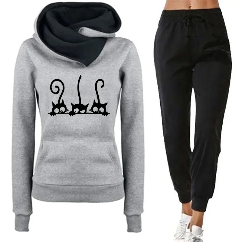 New Women Tracksuit Cute Cat Printed Hooded Sweatshirt and Sweatpants 2 Pieces Set Autumn High Quality Daily Casual Ladies Suit