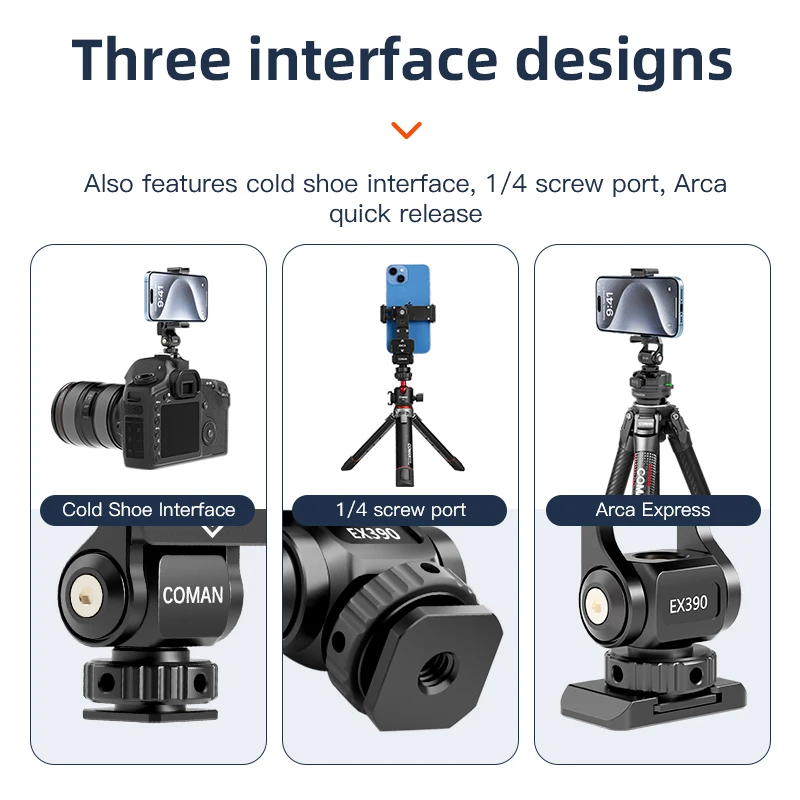 COMAN EX390 Metal Phone Holder Clamp With Cold Shoe Arca 360&deg;Rotatable Tripod Mount Clip For Light Vlog Photography Mic