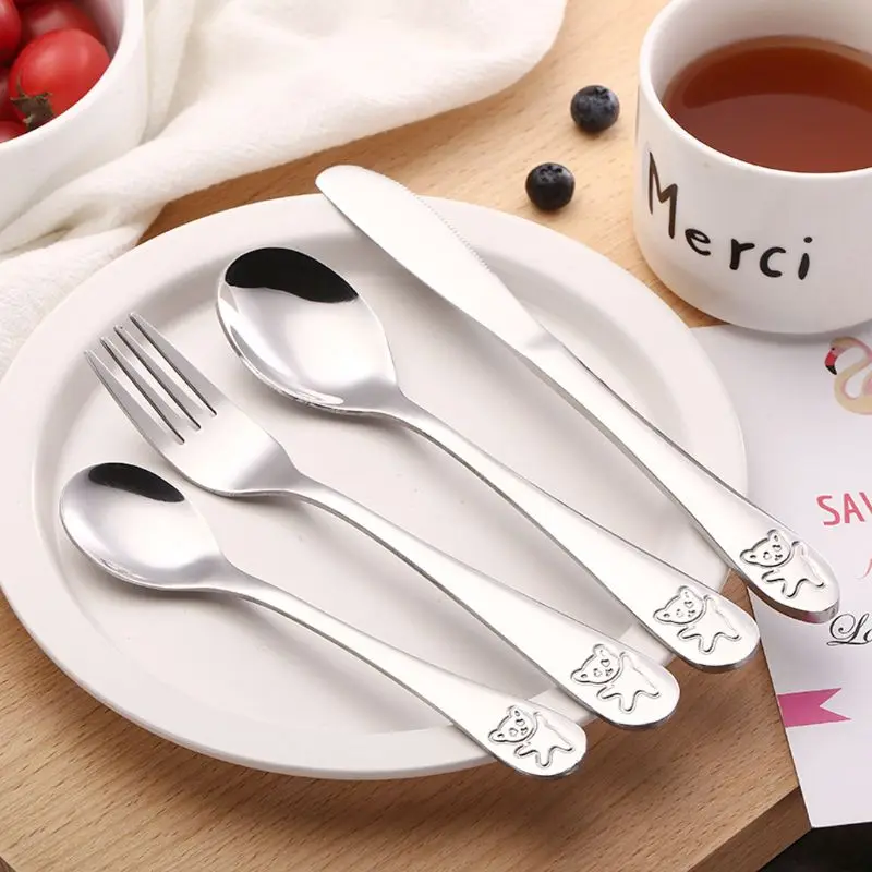Baby Tableware Set 4 Pcs/set Baby Teaspoon Spoon Food Feeding Fork Knife Utensils Stainless Steel
