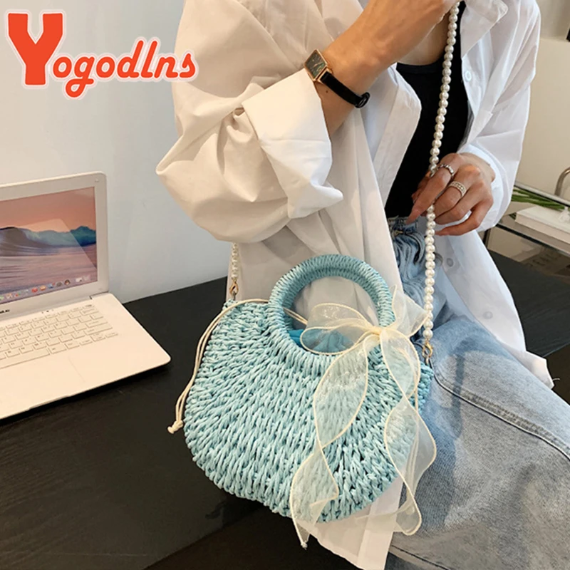 Bow Straw Bag For Women Pearl Strap Lady Beach Bag Woven Handmade Shoulder Bag Bohemia Top-handle Bag Ladies Baskets