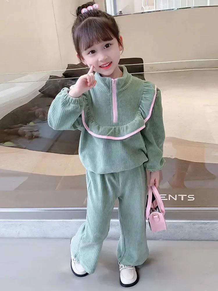 

Girls Corduroy Lotus Leaf Conjuntos Half Zipper Stand Collar Children Tops Baggy Straight Pants Outfit Sweet Kids 2 Piece Sets