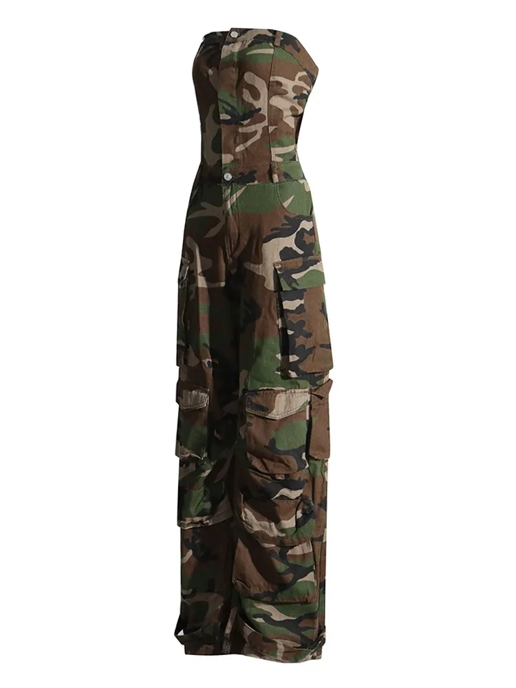 TWOTWINSTYLE Camouflage Cargo Jumpsuits For Women Starpless Sleeveless High Waist Spliced Pockets Temperament Jumpsuit Female
