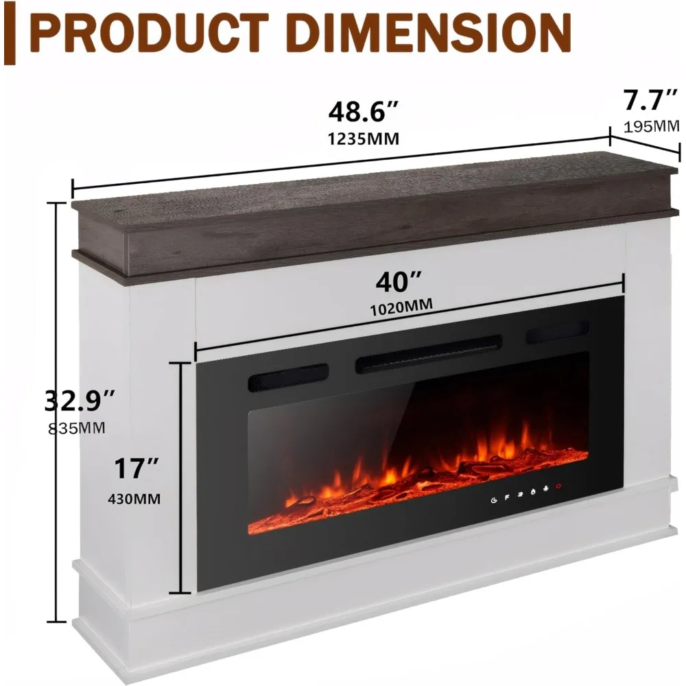 Electric Fireplace Inserts Freestanding Heater for The Living Room Floating Fireplace with 12 LED Colors with Logset and Stones 6