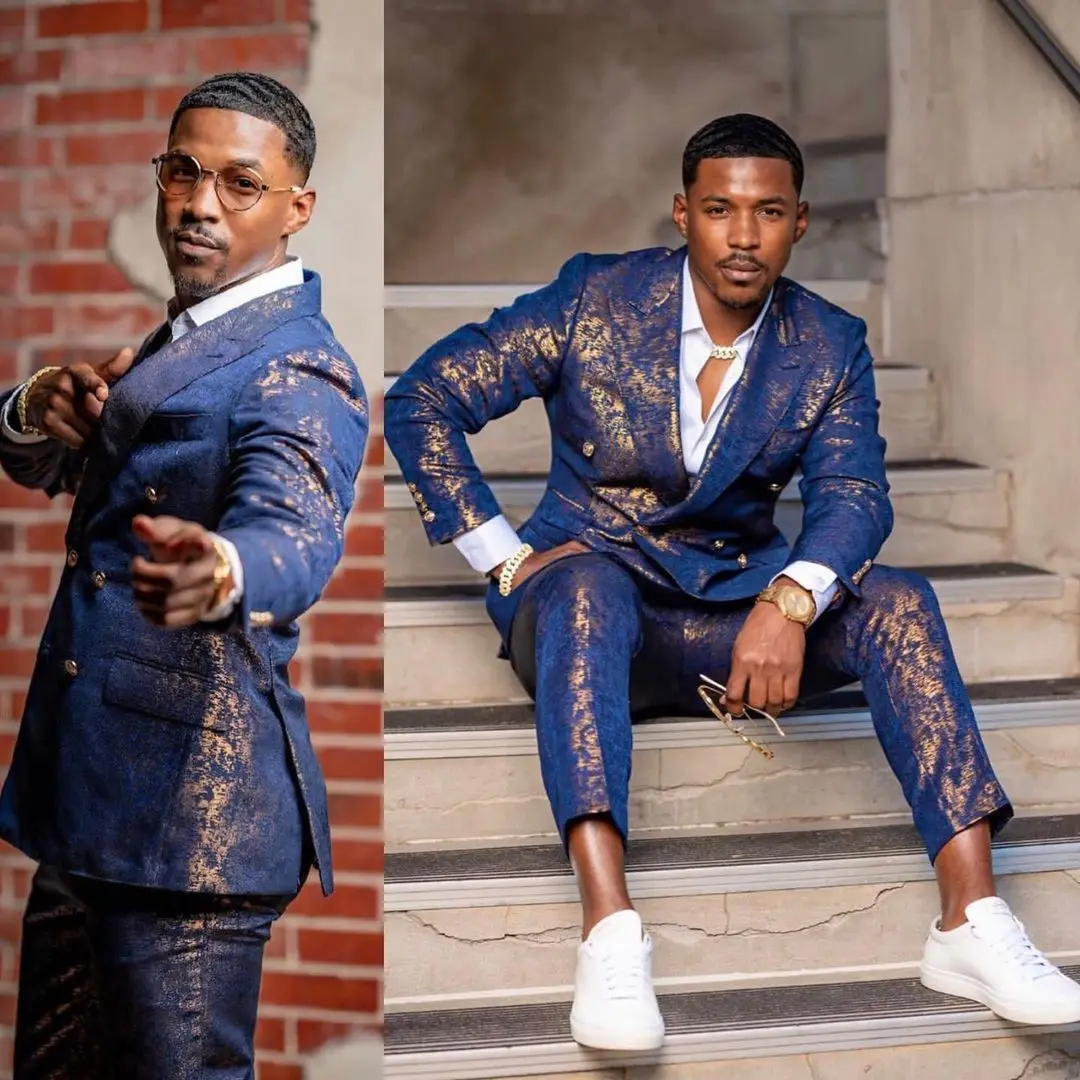 

2 Pieces Men Suit Gentle Business Sparkling Blazer Pants Double Breasted Wedding Groom Formal Pinstripe Party Causal Tailored
