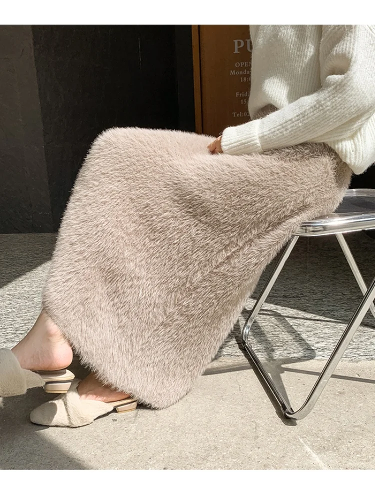 ●threetimes●Mew knit skirt★韓国の人気 ★日本未入荷 Imitation Mink Fur Knitted Skirt Women's Winter Long Skirt