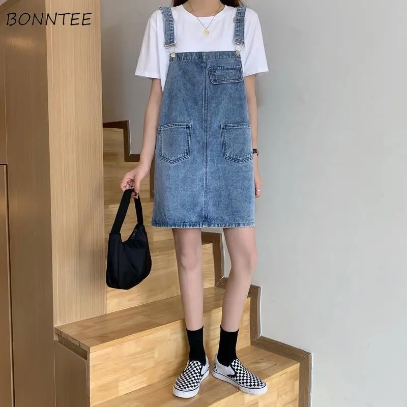 

Sleeveless Dresses Women Retro Denim Summer Sarafan Loose Overall Femme Casual Stylish Solid All-match Preppy Ulzzang Ins Kawaii