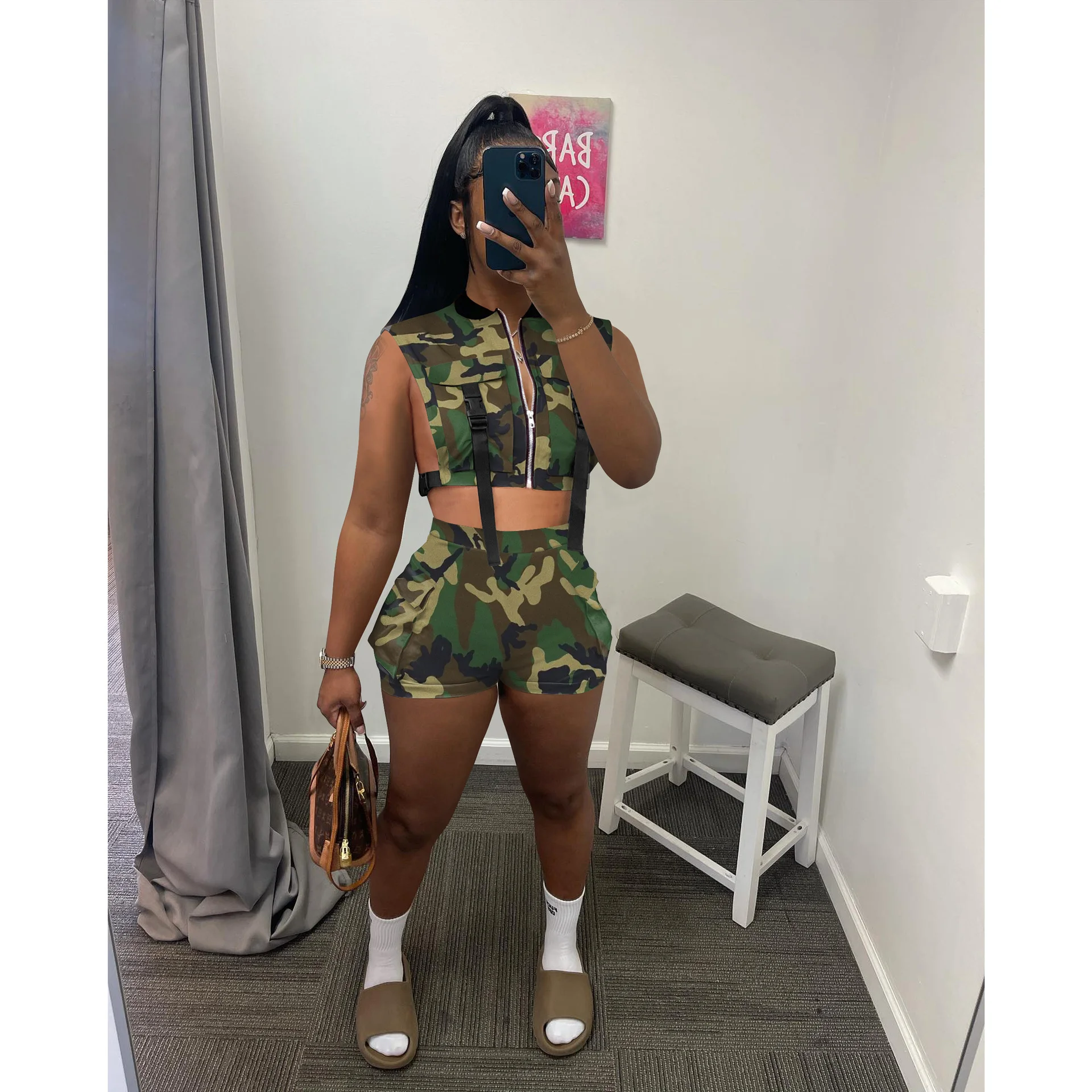 2023 Summer New Camouflage Frock Vest Jacket Shorts Leisure Time Motion Street Fashion Sexy Women Suit real time versatile jeans for women 2023 new summer high street retro blue pants loose straight leg pants high street pants