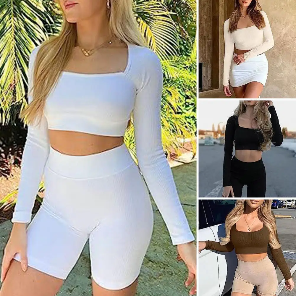 

Women Soft Stretchy T-shirt Fashionable Women's U-neck Long Sleeve Cropped Tops Slim Fit Soft Elastic Autumn Wear Ladies Fashion