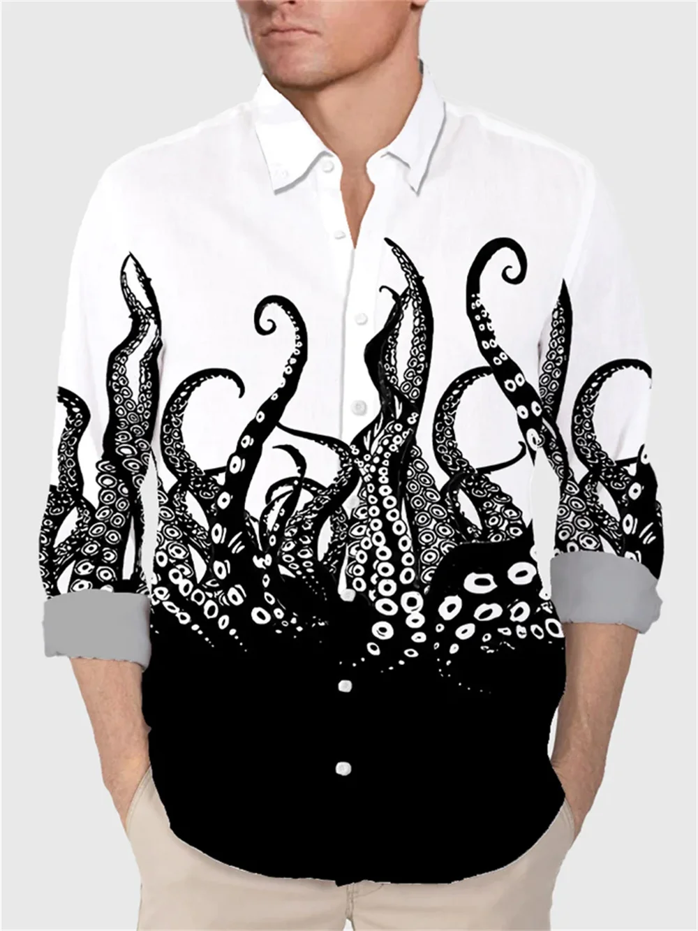 

Monster themed black and white spliced giant octopus 3D print men's long-sleeved lapel shirt