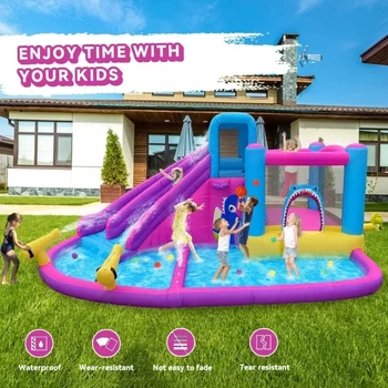 Inflatable Bounce House Water Slide Park, Double Slide Bouncer Castle Climbing Wall, Air Blower for Indoor Outdoor Play Backyard 6