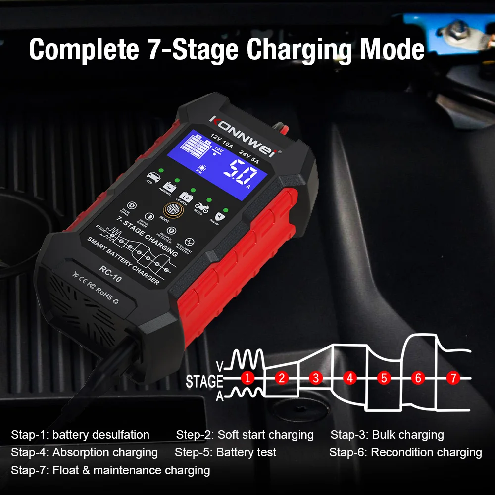 KONNWEI RC-10 12V 10 A 24V 5A Car Battery Charger Full