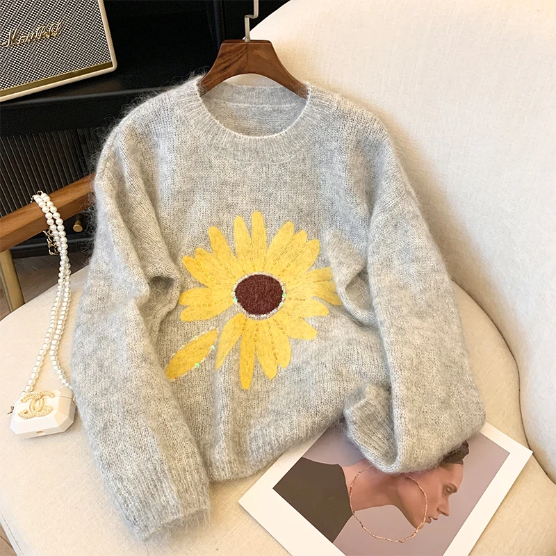 

Sequined Warm Wool Cashmere Knit Pullover Loose Soft Knitwears female Jumper Grey Flower Pattern Wool Mohair Sweater Women X340