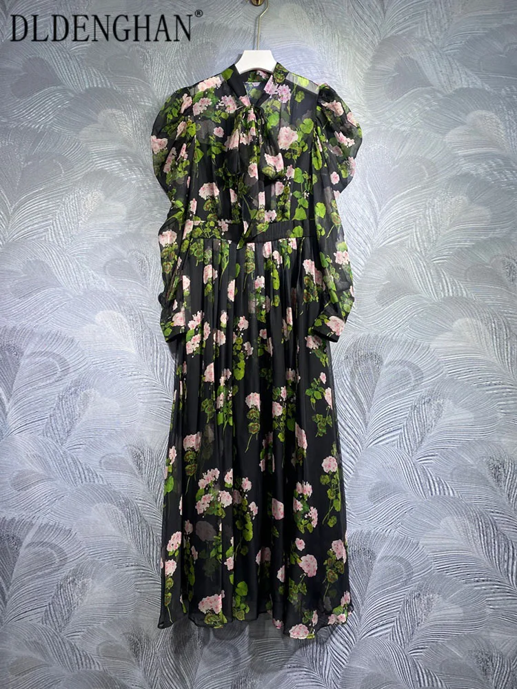 

DLDENGHAN Spring Summer Dress Women Lace Up Collar Puff Sleeve Flowers Print Bohemian Chiffon Long Dress Fashion Runway New
