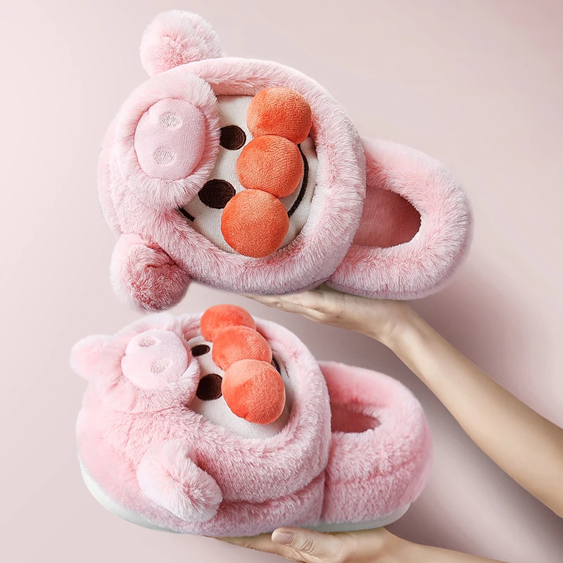 

Women's House Slippers Platform Cute Pig Hat Short Plush Indoor Slippers for Women Shoes for Winter Lovely Non-Slip Furry Animal