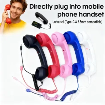 Auricolare Telefonico Retrò con Connettore Type-C e Jack da 3,5mm, Cuffie Portatili Vintage per Videoconferenze su Cellulari, Pratico